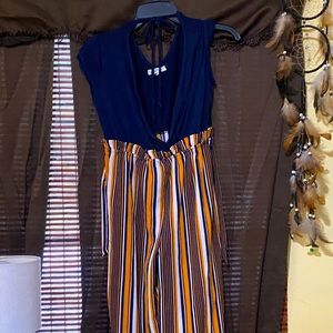 A Bailey blue: blue, yellow and white striped jumpsuit